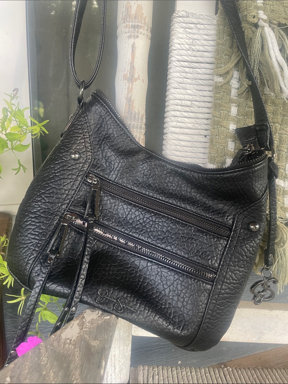 Jessica Simpson Black Textured Leather Crossbody Bag